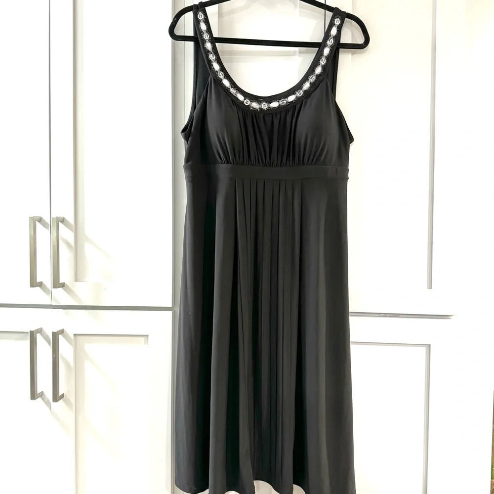 Black empire waist little black dress with rhinestone and chain embellishment‎